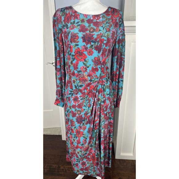 NWT Talbots Midi Dress Floral Full Sleeve Faux Wrap Drape Front Tie Dress Size 8 - Picture 1 of 14